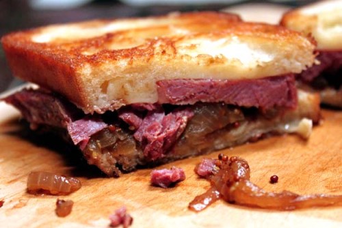 Corned Beef Sandwich with Guinness caramelized onions and Gruyere cheese