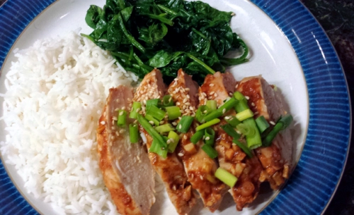 Sriracha Chicken with rice and spinach1